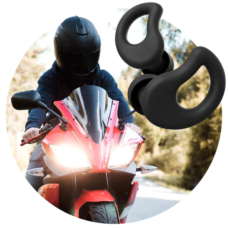 Black CURVD Low-Profile Earplugs Above Person Riding Loud Motorcycle Show CURVD Earplugs Are Great Hearing Protection for Motorcycles and Motorsports