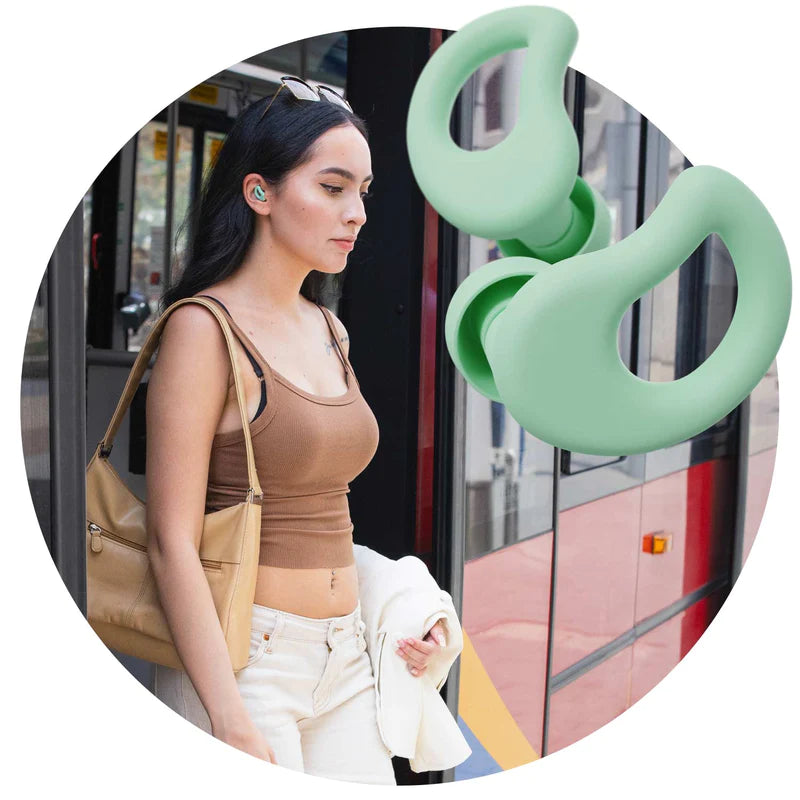 Mint CURVD Earplugs and Woman Traveling and Commuting Showing they Comfortable and Stylish