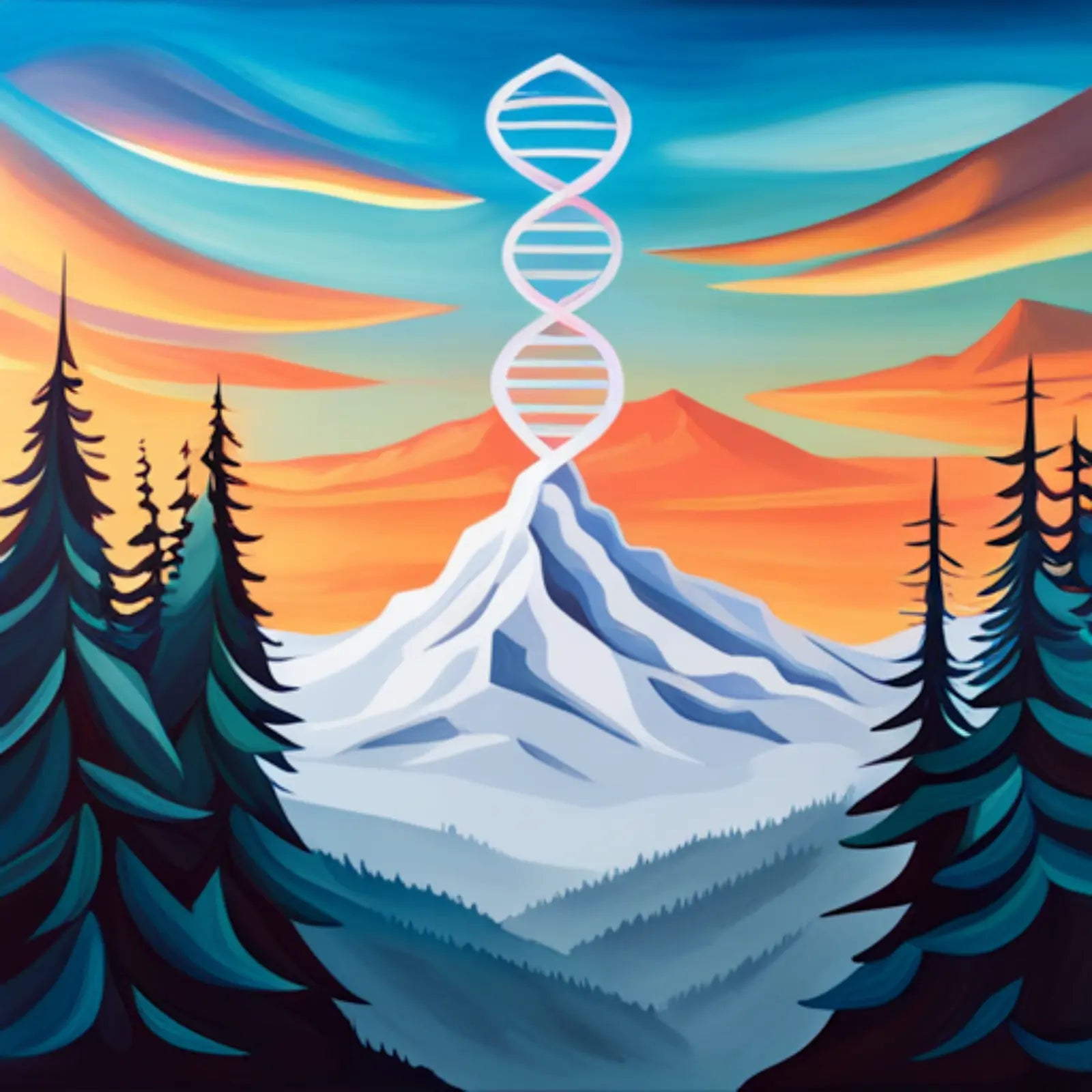Mountain With DNA Sunset Representing That Sustainability Is Part of CURVDS DNA