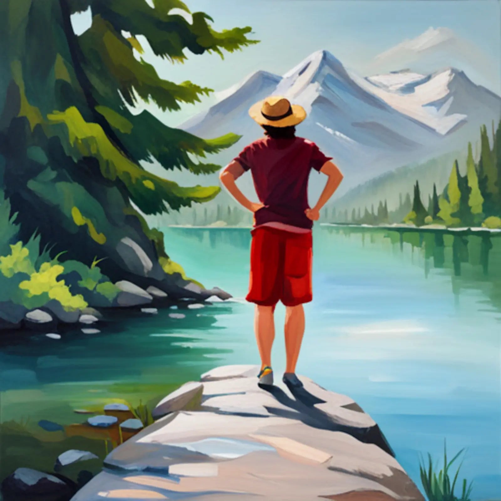 Person Looking At Mountains Over a Clear Clean Pond in Forest Created By Sustainable Companies